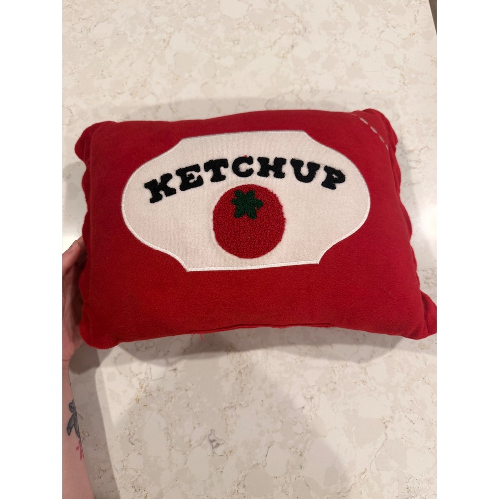 Red Ketchup Packet Plush Decorative Pillow Scalloped Edge Novelty‎ Kitsch Label